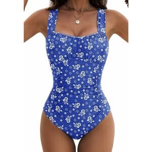 Zando Ruched Womens One Piece Swimsuit Floral Blue XL